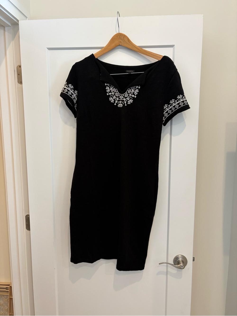 Talbots Black Short-Sleeve Mini Dress with White Embroidery